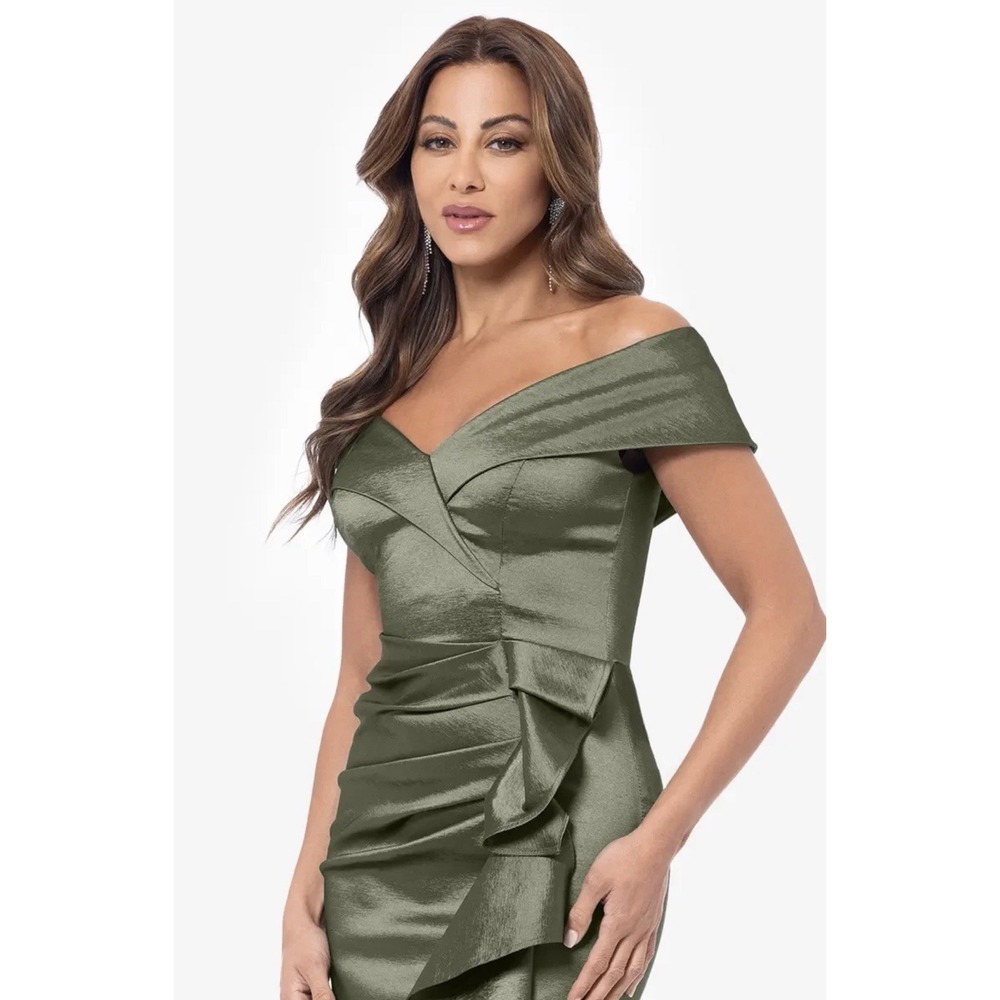 Xscape Evenings Off-Shoulder Taffeta Gown Size 8 Olive Green Sweetheart Maxi - Picture 3 of 8